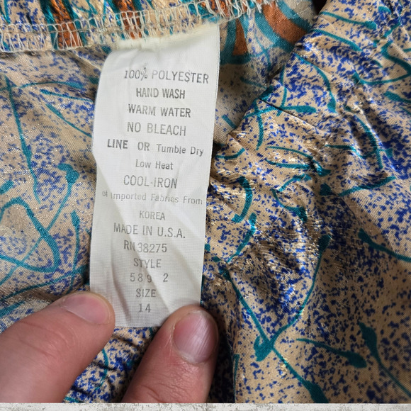 70s Vintage Cream Blue Metallic Abstract USA Made Blouse Midi Skirt Set Size 14 - Picture 12 of 13